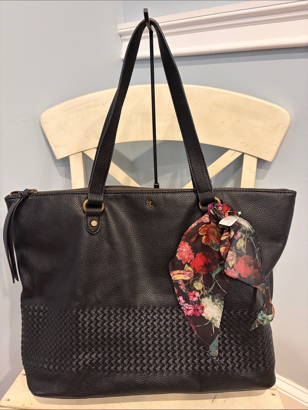 Elliott Lucca Black Leather Tote with Floral Scarf Accent